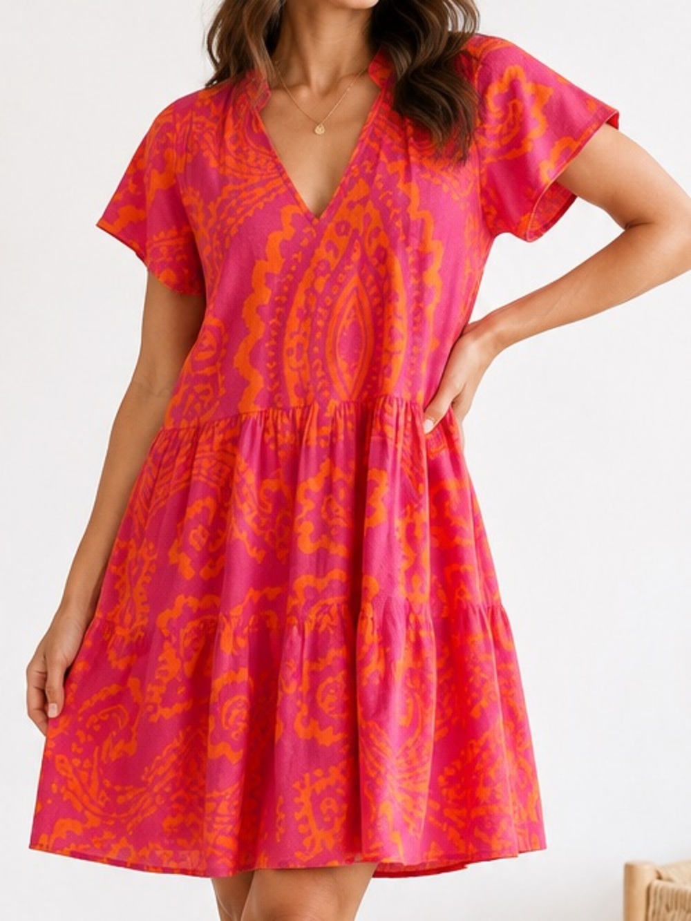LA PLAGE Alison Dress Pink Orange Paisley Cotton Boho Resort Size S